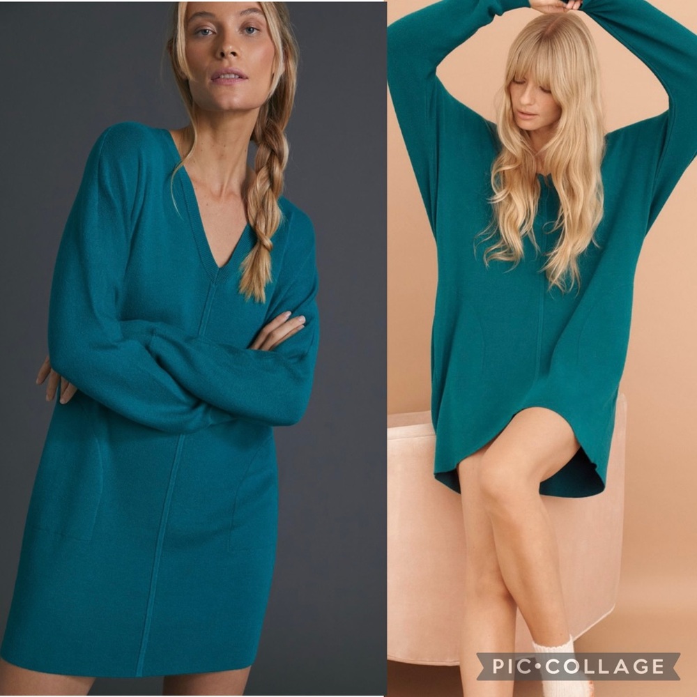 NWT Anthropologie Chrissy Sweater Mini Dress Teal V-Neck size Medium Stretch